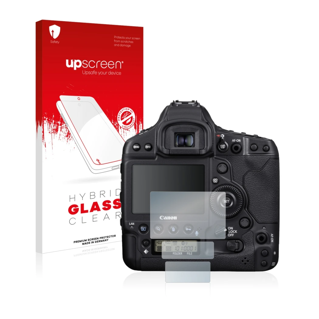 Face avant d’un emballage produit avec le logo de la marque upscreen. À côté, l’appareil Canon EOS 1D X Mark III est représent