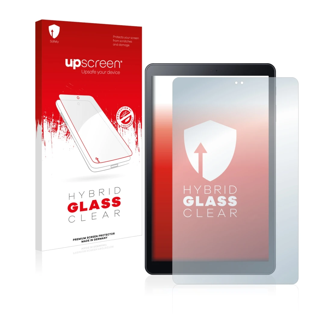 Face avant d’un emballage produit avec le logo de la marque upscreen. À côté, l’appareil Samsung Galaxy Tab A 10.5 WiFi 2018 e