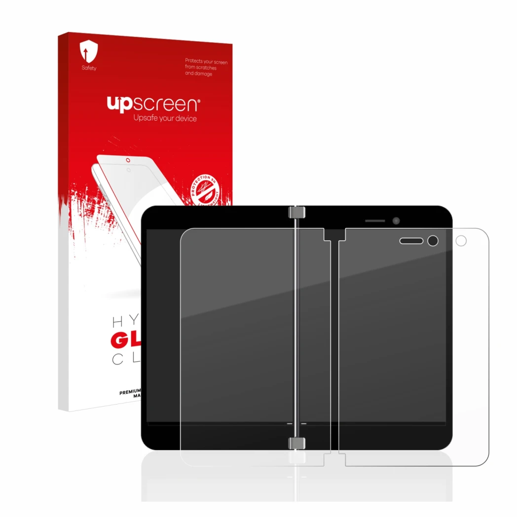 Face avant d’un emballage produit avec le logo de la marque upscreen. À côté, l’appareil Microsoft Surface Duo est représenté