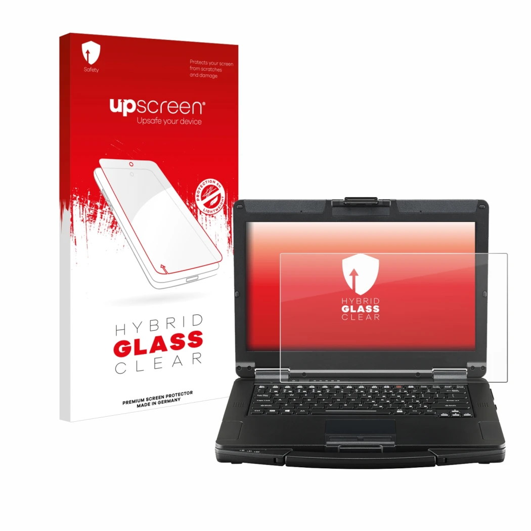 Face avant d’un emballage produit avec le logo de la marque upscreen. À côté, l’appareil Panasonic Toughbook FZ-55 Touch est r