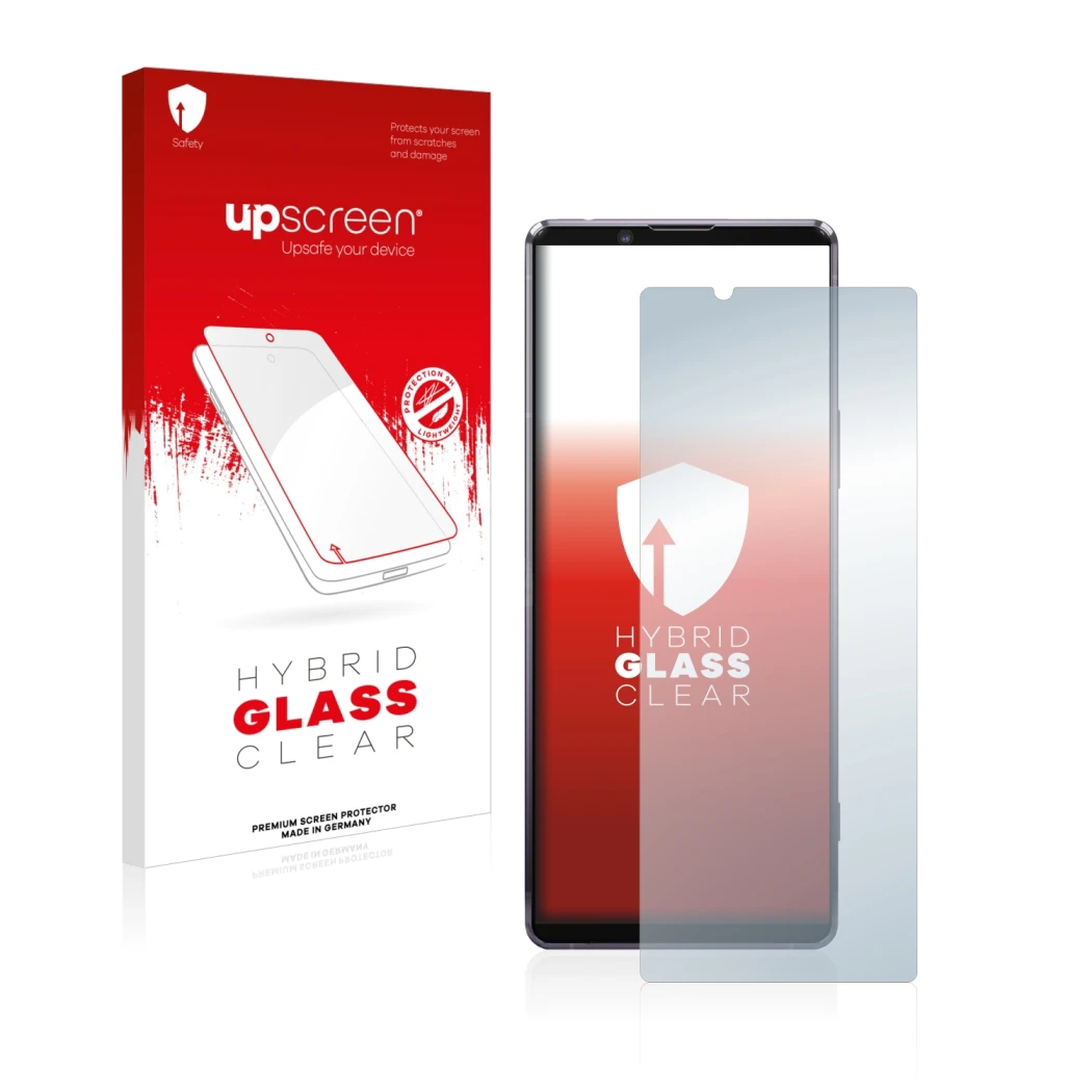 Face avant d’un emballage produit avec le logo de la marque upscreen. À côté, l’appareil Sony Xperia 1 II est représenté avec