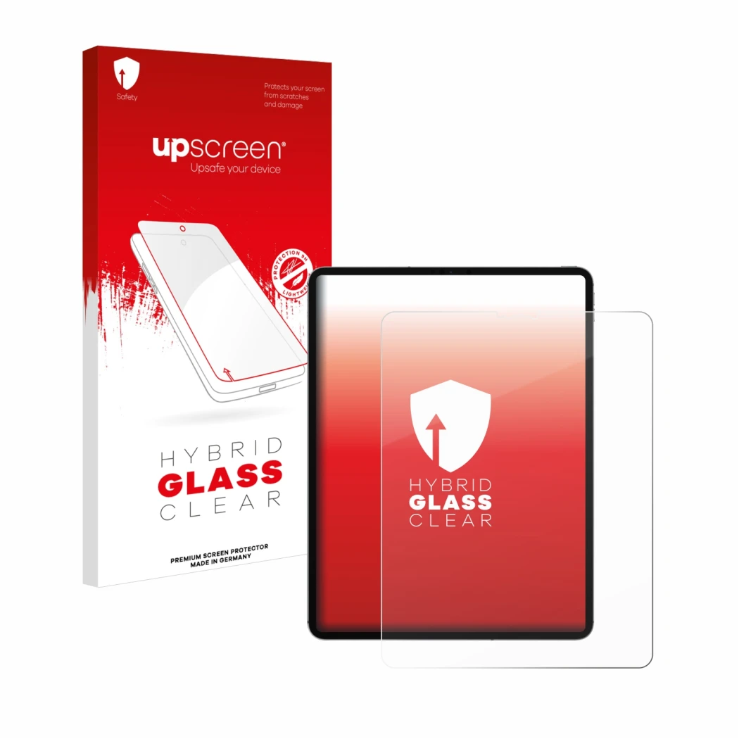Face avant d’un emballage produit avec le logo de la marque upscreen. À côté, l’appareil Apple iPad 12.9
