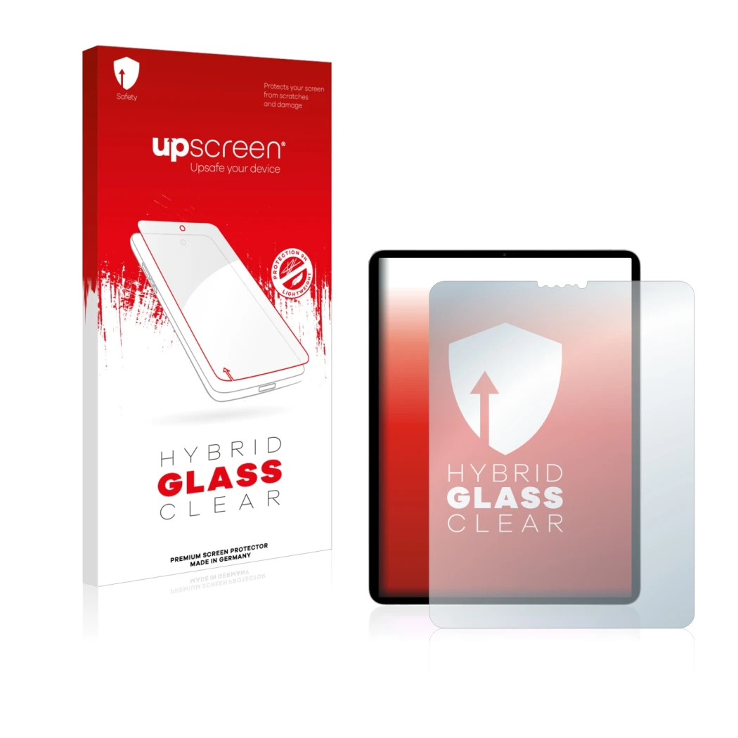 Face avant d’un emballage produit avec le logo de la marque upscreen. À côté, l’appareil Apple iPad Pro 11