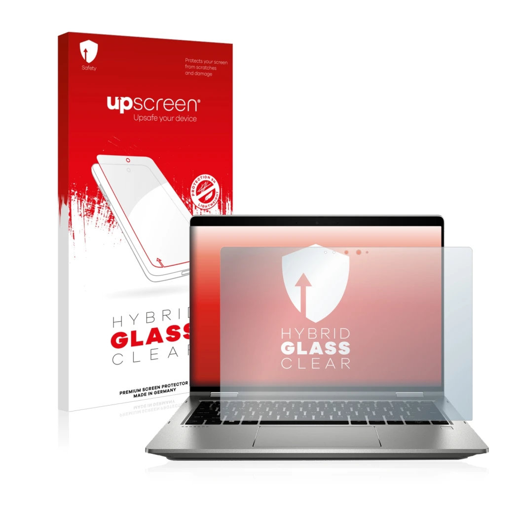 Face avant d’un emballage produit avec le logo de la marque upscreen. À côté, l’appareil HP ProBook x360 435 G7 est représenté