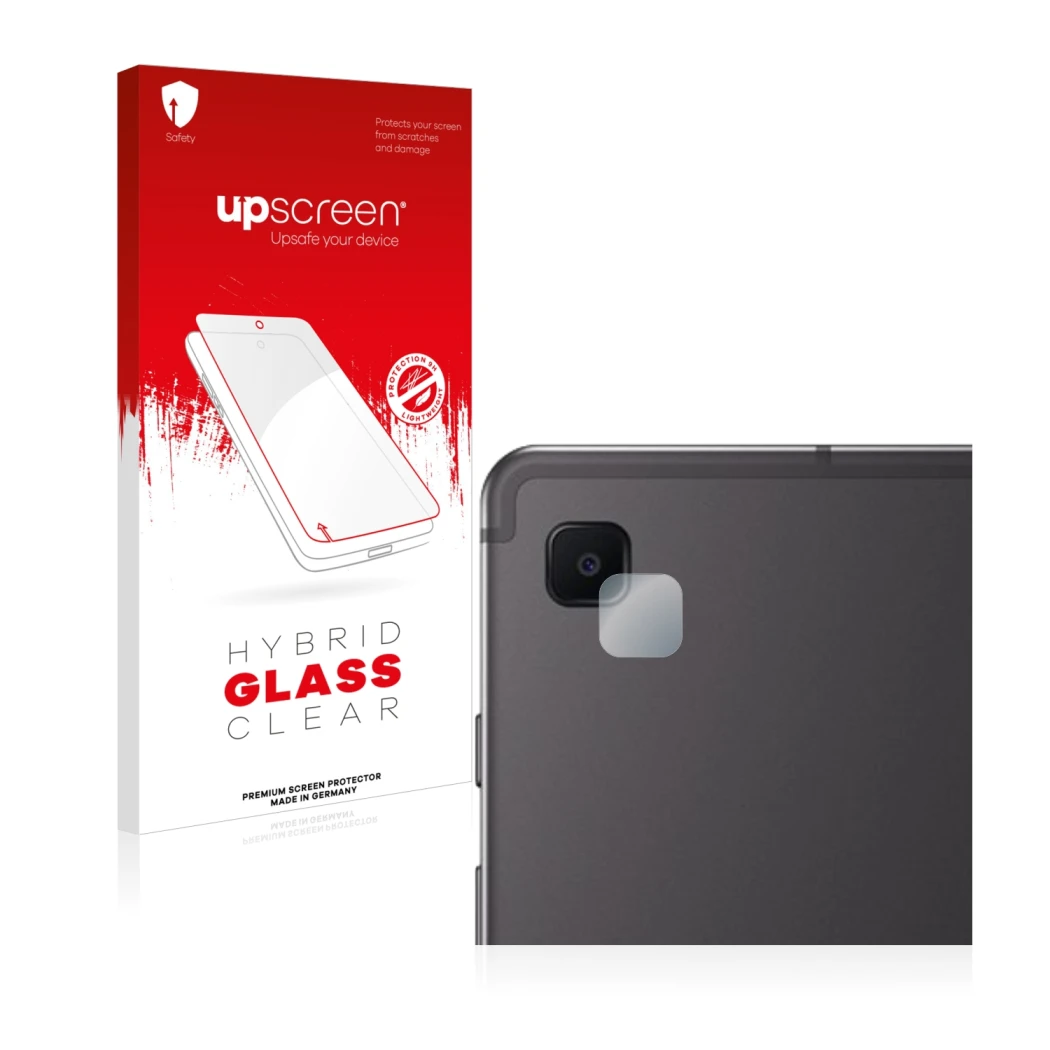 Face avant d’un emballage produit avec le logo de la marque upscreen. À côté, l’appareil Samsung Galaxy Tab S6 Lite 2020 (Camé