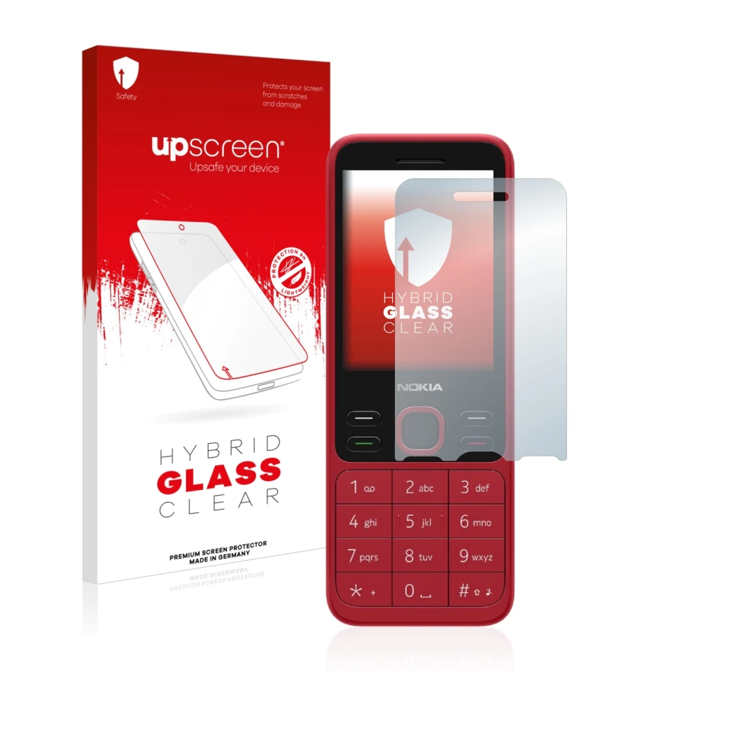 Face avant d’un emballage produit avec le logo de la marque upscreen. À côté, l’appareil Nokia 150 2020 est représenté avec la