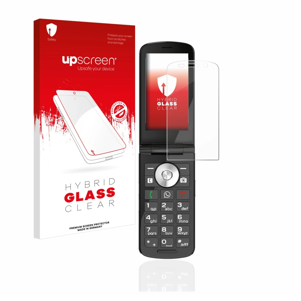 Face avant d’un emballage produit avec le logo de la marque upscreen. À côté, l’appareil Emporia TOUCHsmart est représenté ave