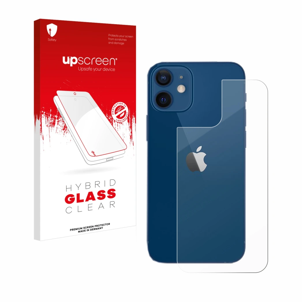 Face avant d’un emballage produit avec le logo de la marque upscreen. À côté, l’appareil Apple iPhone 12 (Arrière) est représe
