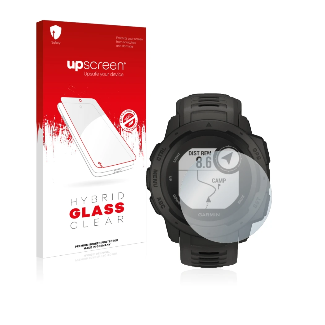 Face avant d’un emballage produit avec le logo de la marque upscreen. À côté, l’appareil Garmin Instinct Solar est représenté 