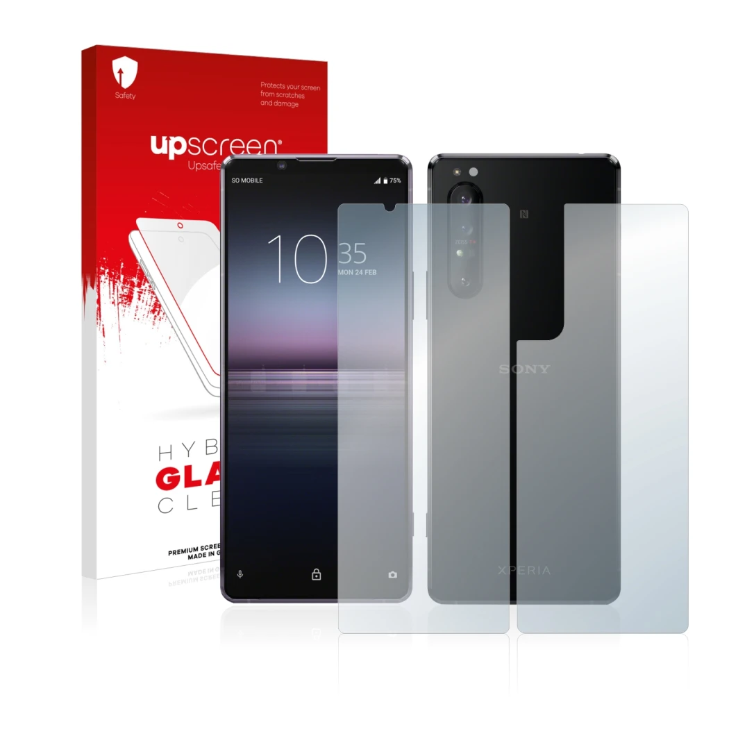 Face avant d’un emballage produit avec le logo de la marque upscreen. À côté, l’appareil Sony Xperia 1 II (Avant+Arrière) est