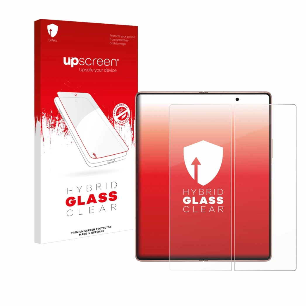 Face avant d’un emballage produit avec le logo de la marque upscreen. À côté, l’appareil Samsung Galaxy Z Fold 2 5G (Affichage
