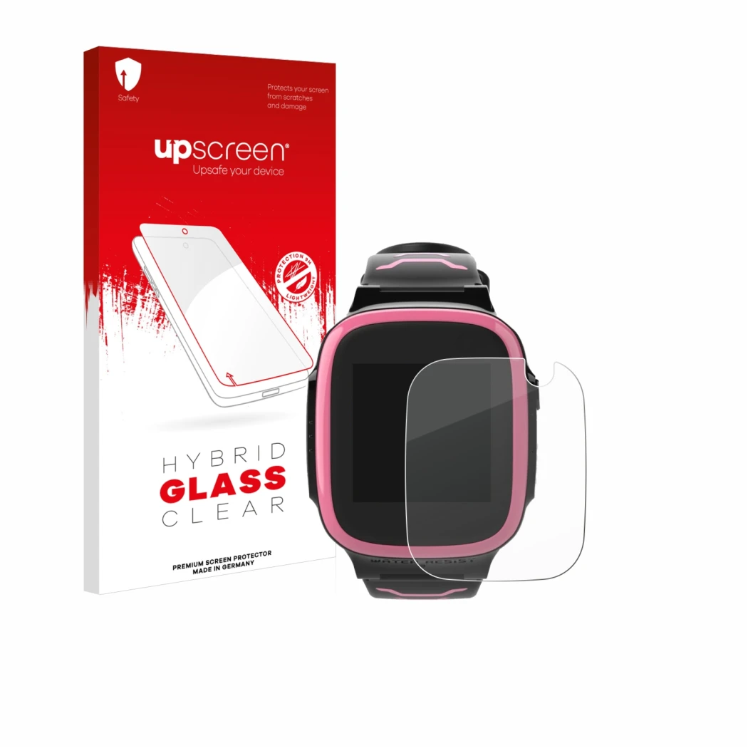 Face avant d’un emballage produit avec le logo de la marque upscreen. À côté, l’appareil Xplora X5 Play est représenté avec la