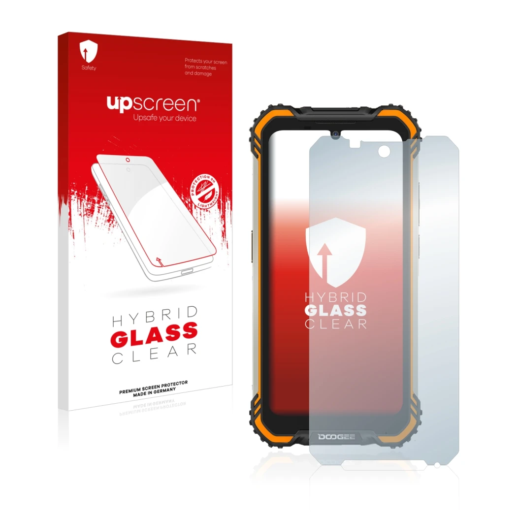 Face avant d’un emballage produit avec le logo de la marque upscreen. À côté, l’appareil Doogee S58 Pro est représenté avec la