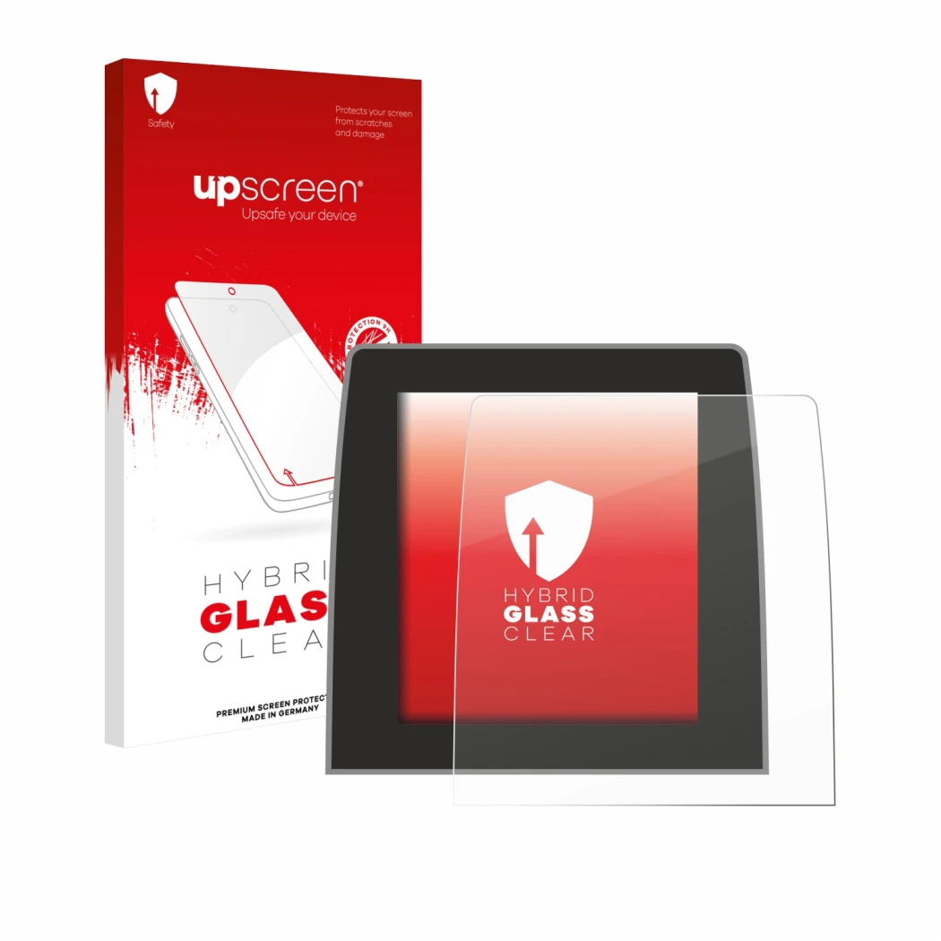 Face avant d’un emballage produit avec le logo de la marque upscreen. À côté, l’appareil Renault Captur 2 2020 Easy Link 9.3