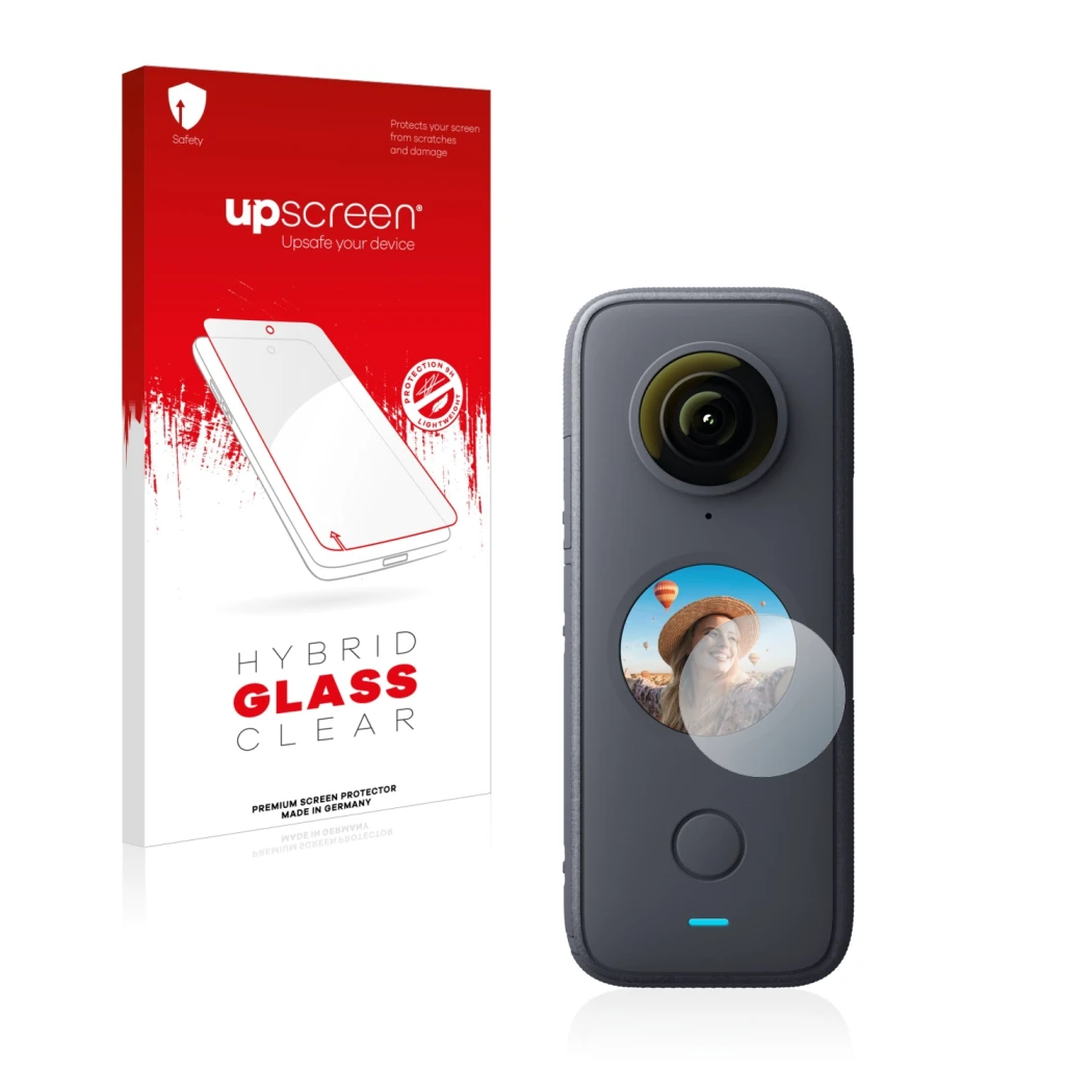Face avant d’un emballage produit avec le logo de la marque upscreen. À côté, l’appareil Insta360 One X2 est représenté avec l
