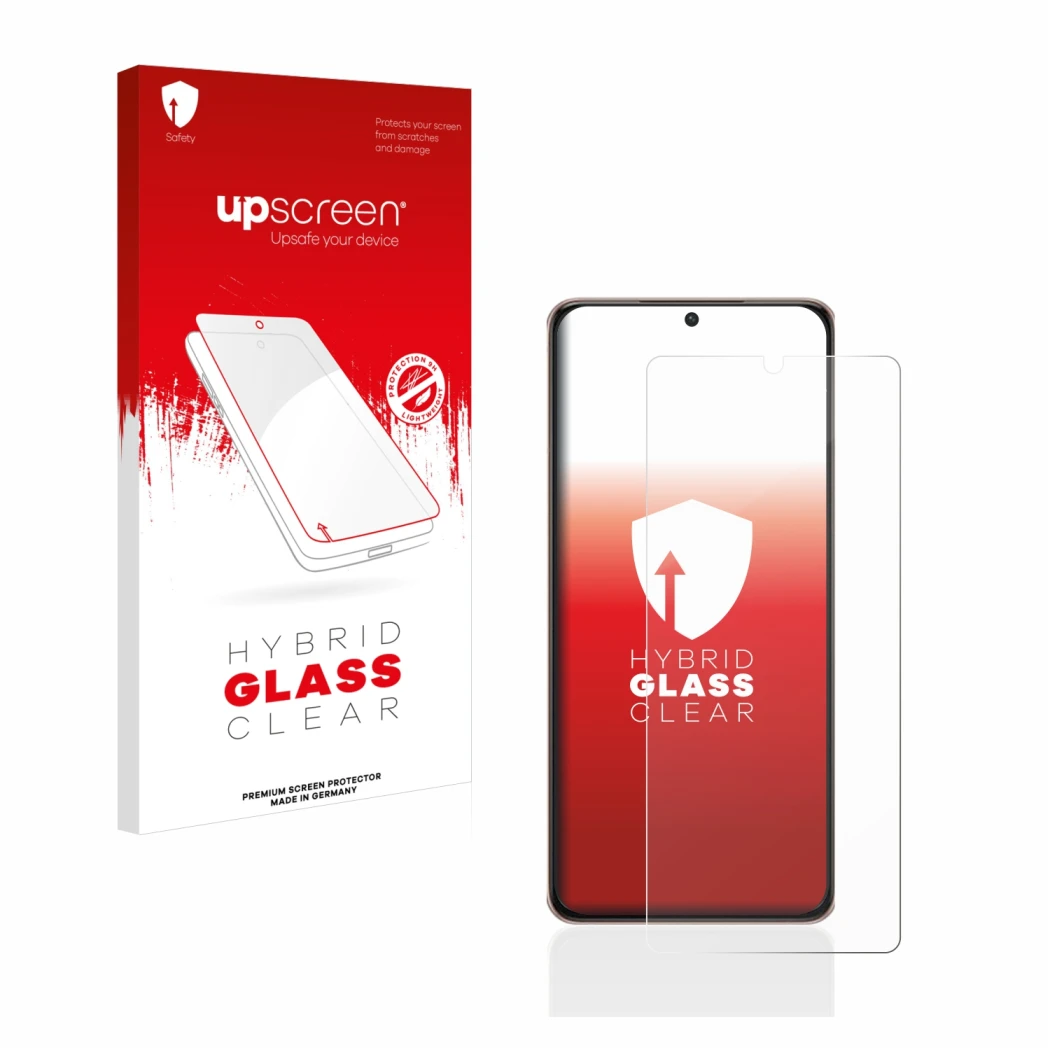 Face avant d’un emballage produit avec le logo de la marque upscreen. À côté, l’appareil Samsung Galaxy S21 Ultra 5G est repré