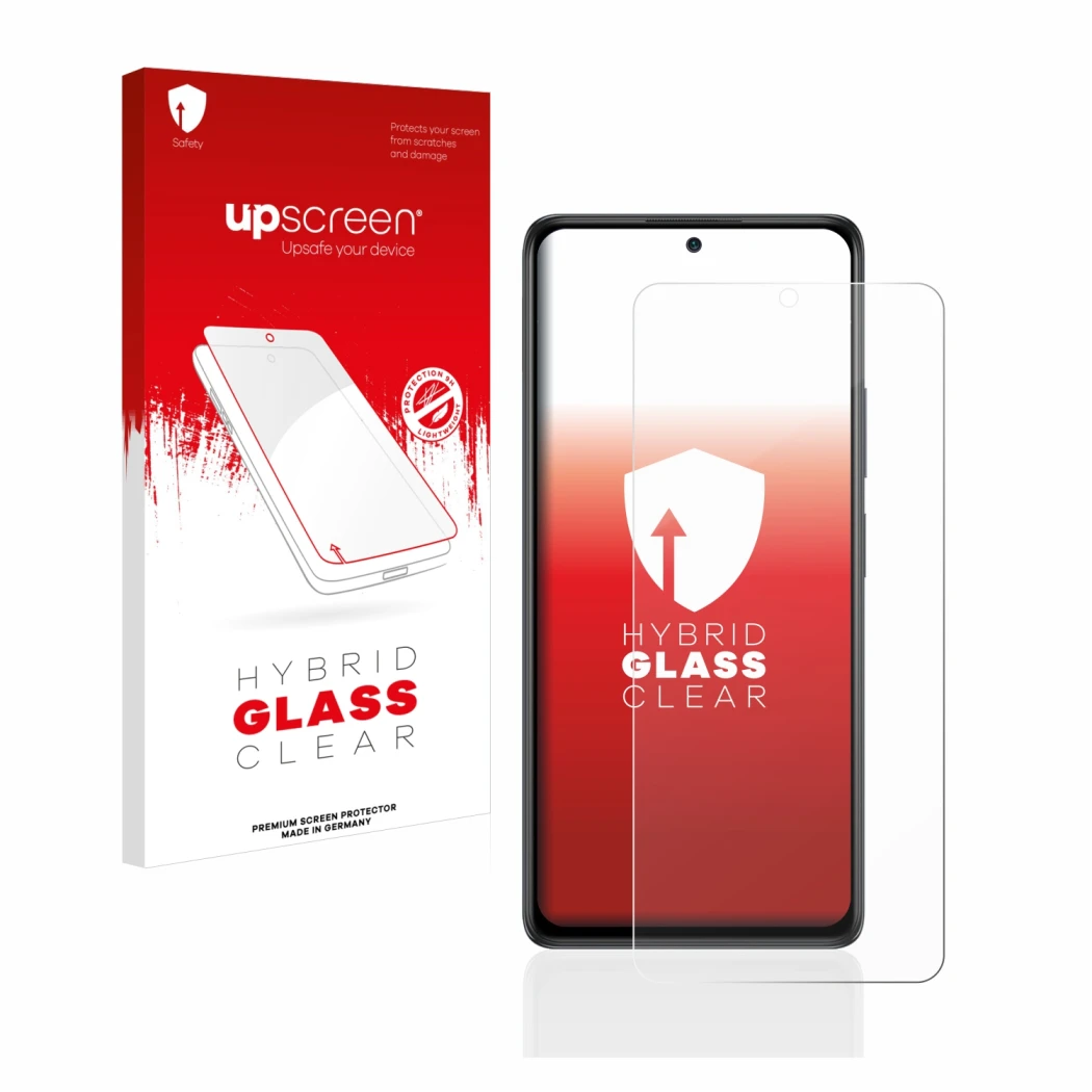 Face avant d’un emballage produit avec le logo de la marque upscreen. À côté, l’appareil Xiaomi Redmi Note 10 Pro est représen