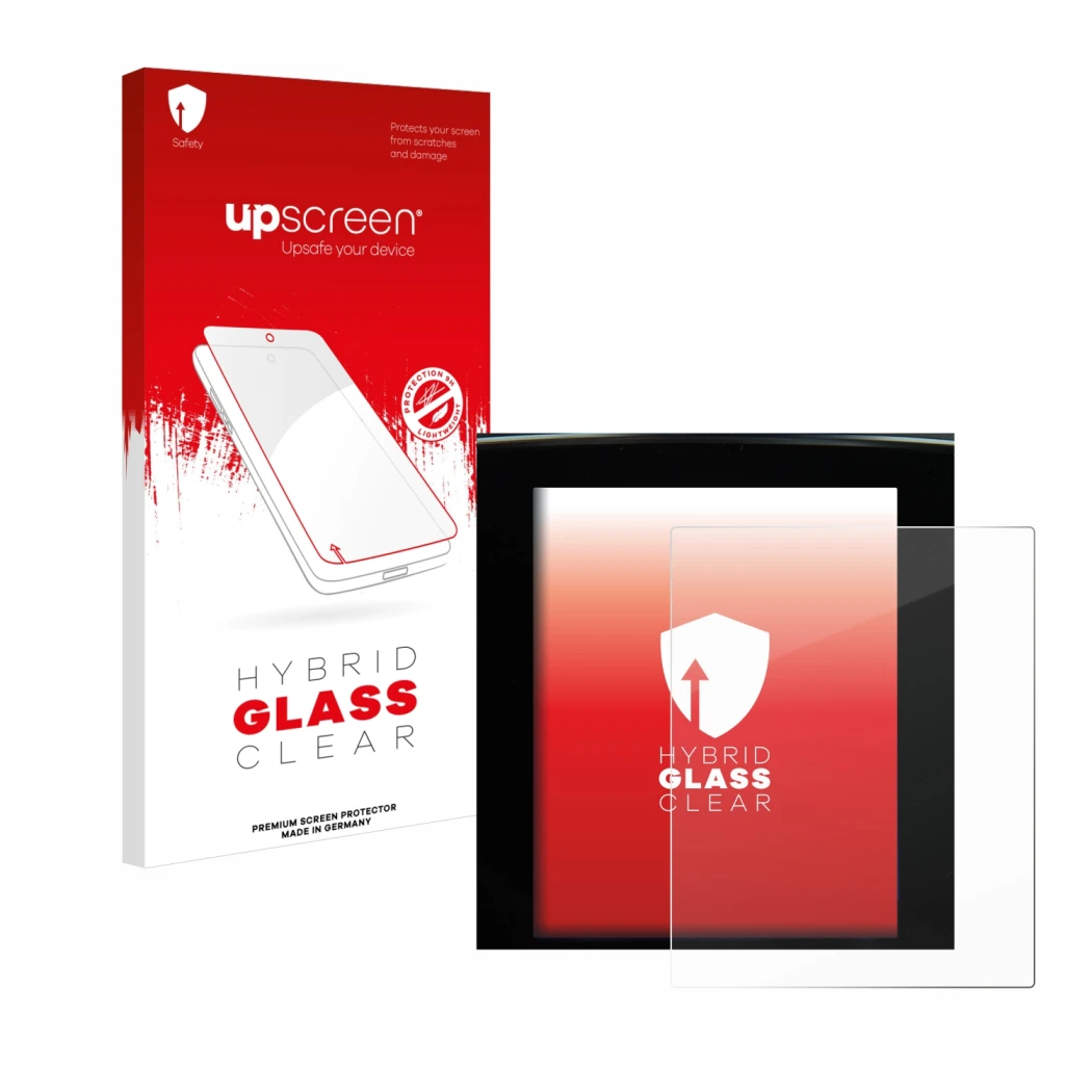 Face avant d’un emballage produit avec le logo de la marque upscreen. À côté, l’appareil Renault Megane 4 2020 Multimedia Easy