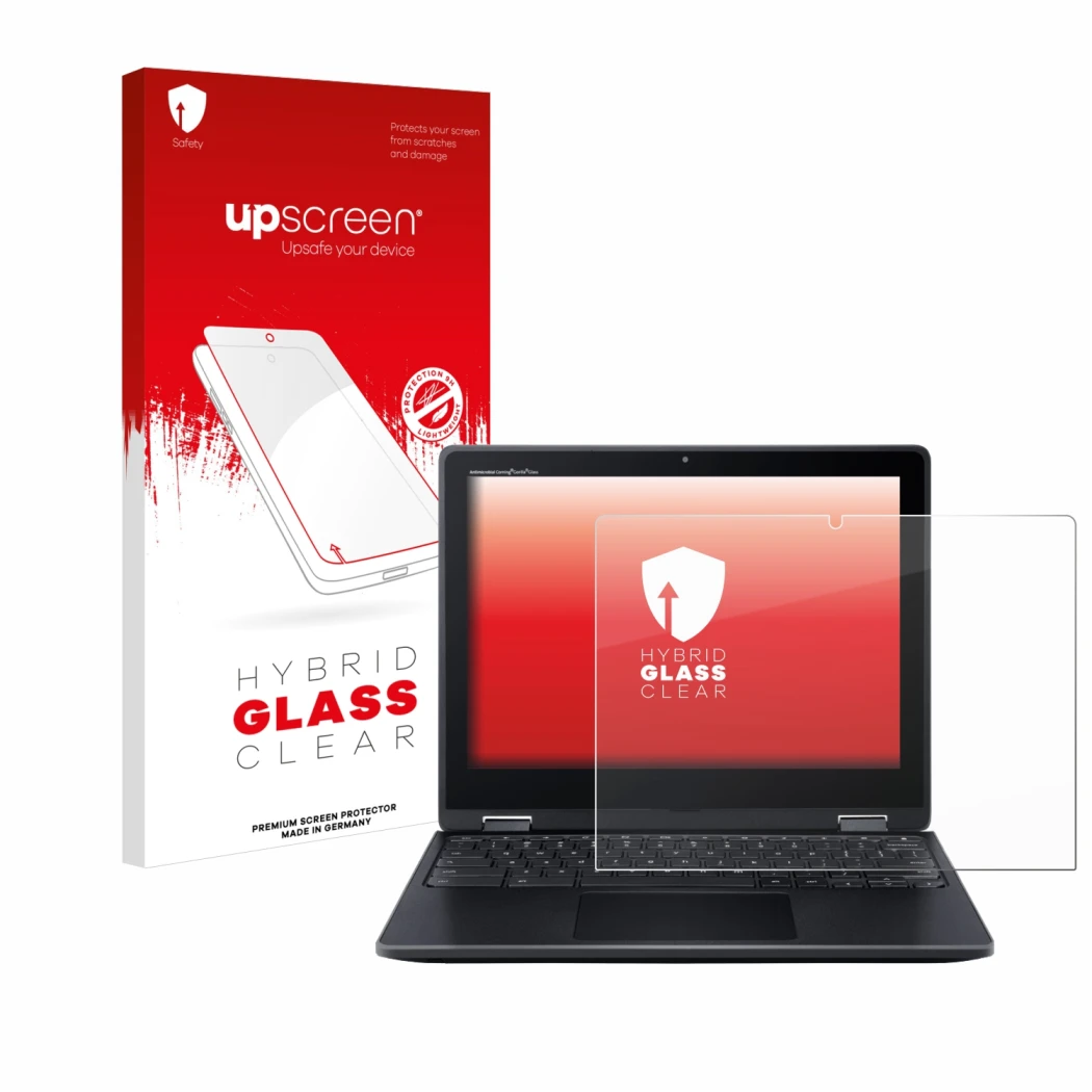 Face avant d’un emballage produit avec le logo de la marque upscreen. À côté, l’appareil Acer Chromebook Spin 512 est représen