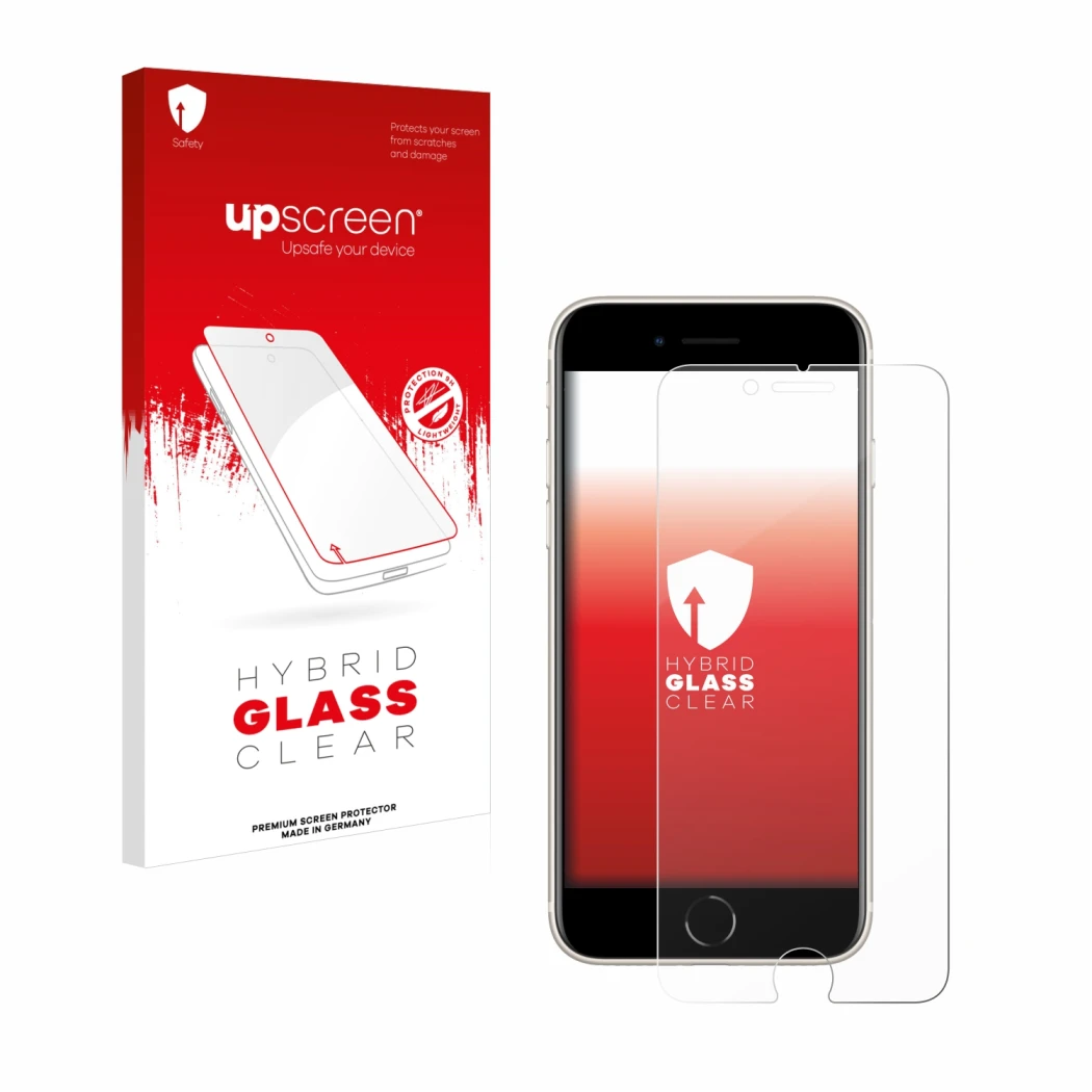 Face avant d’un emballage produit avec le logo de la marque upscreen. À côté, l’appareil Apple iPhone SE 3 2022 est représenté