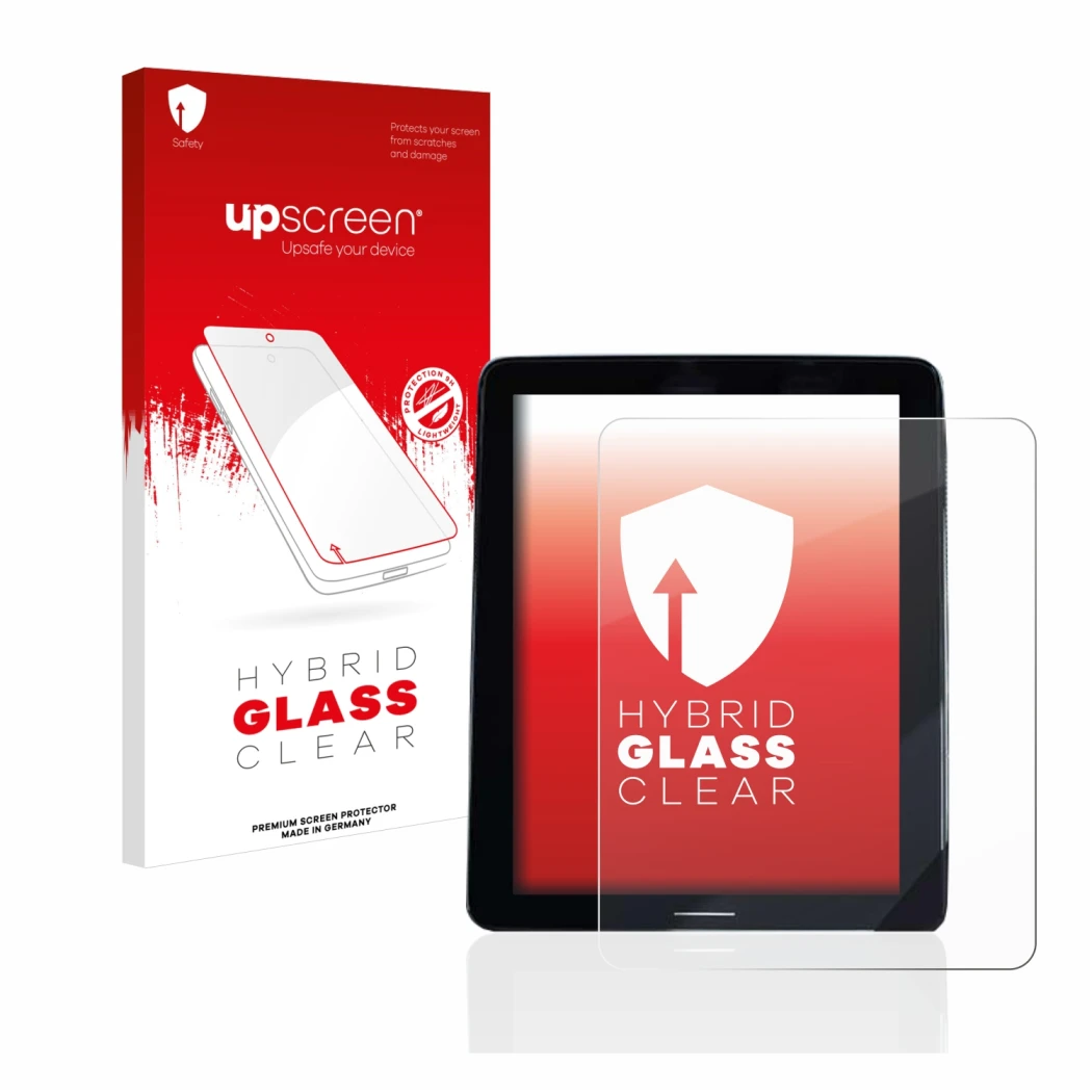 Face avant d’un emballage produit avec le logo de la marque upscreen. À côté, l’appareil Volvo Polestar 2 2020 Infotainment Sy