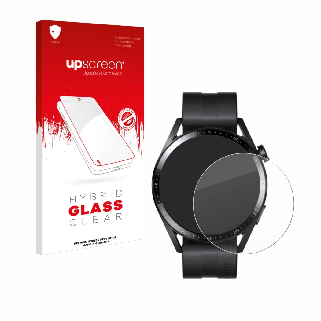 Face avant d’un emballage produit avec le logo de la marque upscreen. À côté, l’appareil Huawei Watch GT 3 (46 mm) est représe