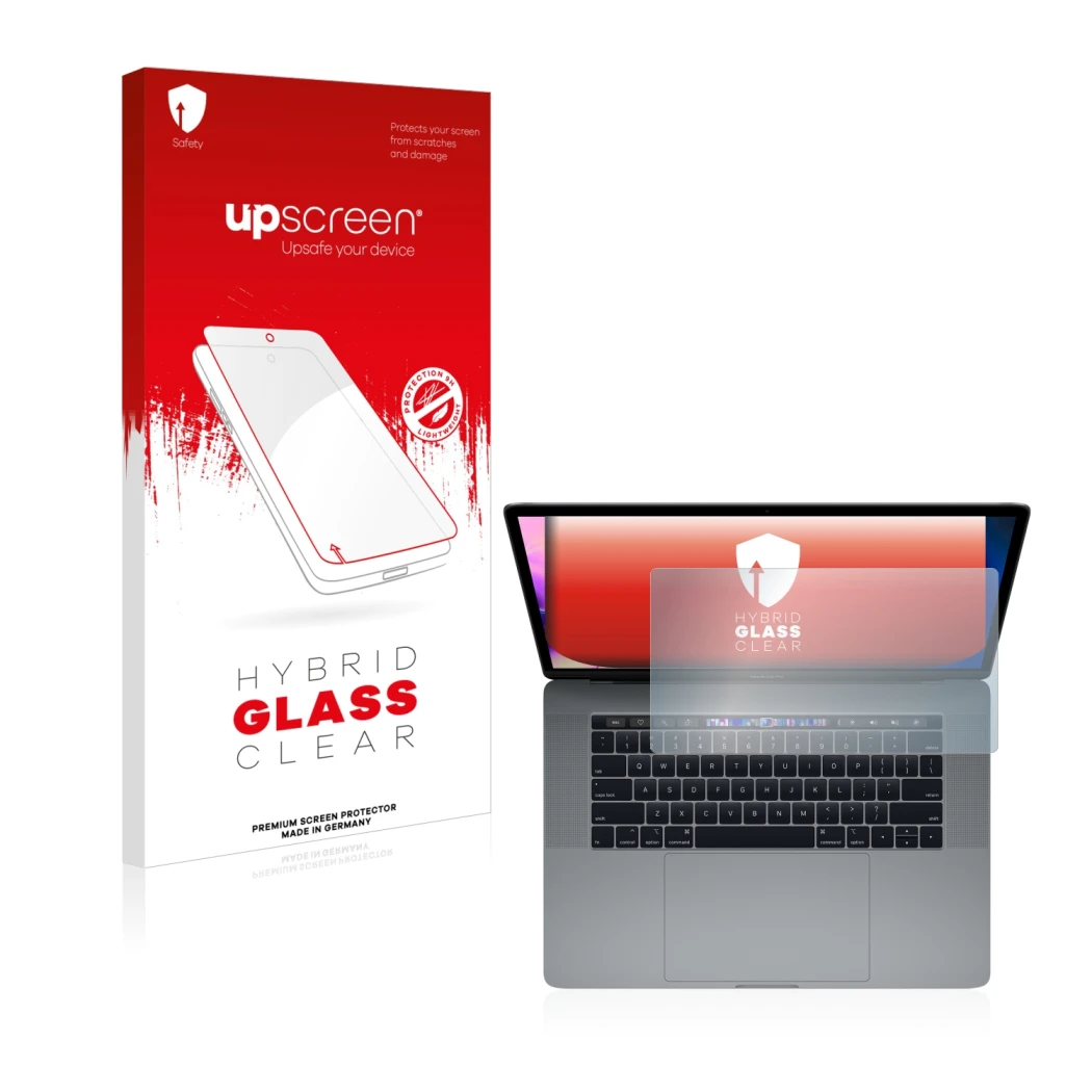 Face avant d’un emballage produit avec le logo de la marque upscreen. À côté, l’appareil Apple MacBook Pro 15