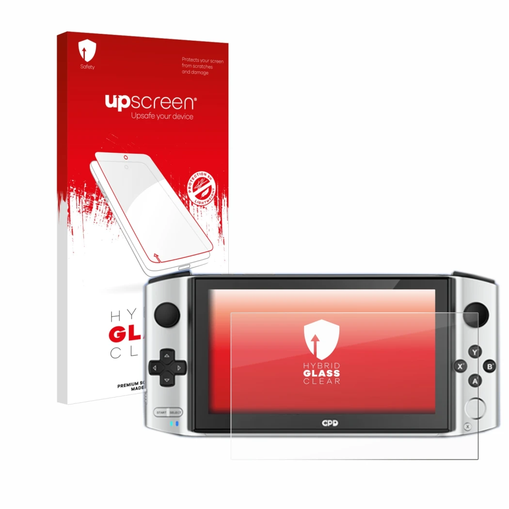 Face avant d’un emballage produit avec le logo de la marque upscreen. À côté, l’appareil GPD Win 3 est représenté avec la prot