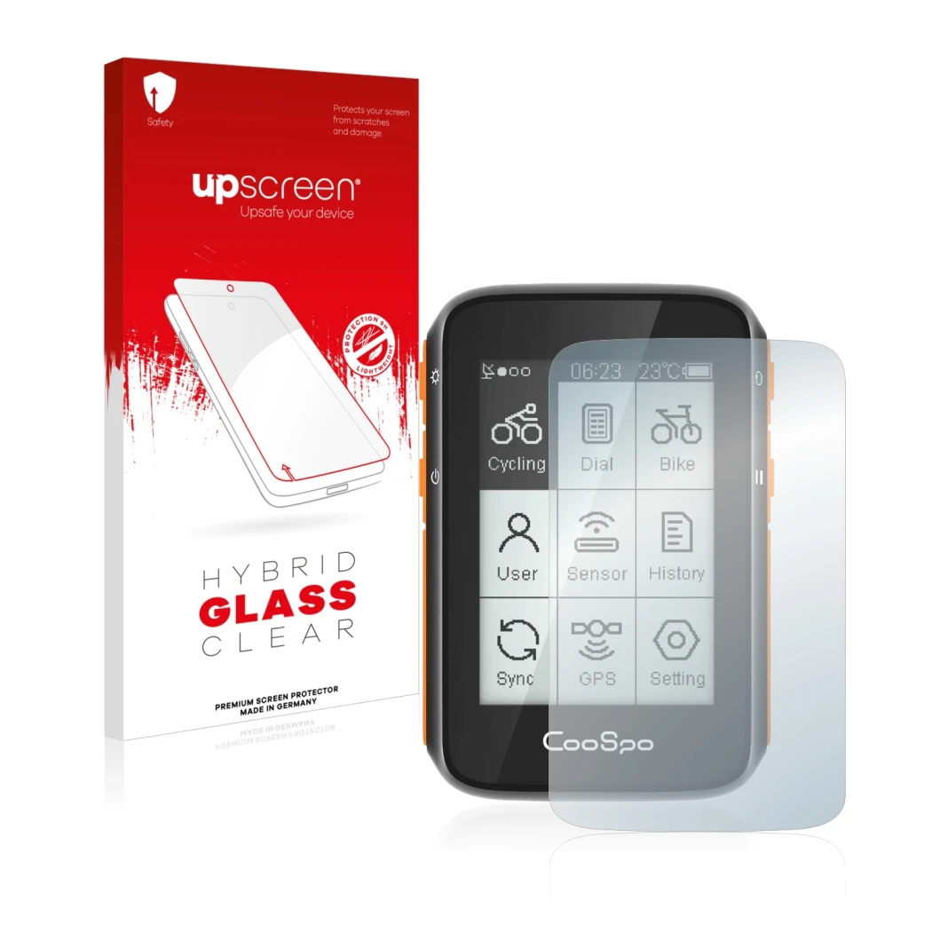 Face avant d’un emballage produit avec le logo de la marque upscreen. À côté, l’appareil CooSpo BC200 est représenté avec la p