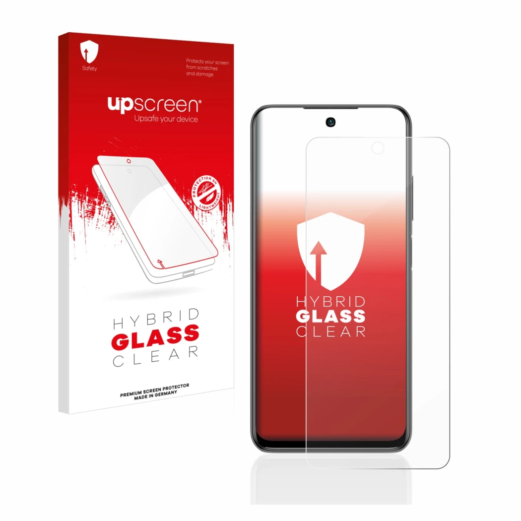 Face avant d’un emballage produit avec le logo de la marque upscreen. À côté, l’appareil Xiaomi Redmi Note 10 5G est représent