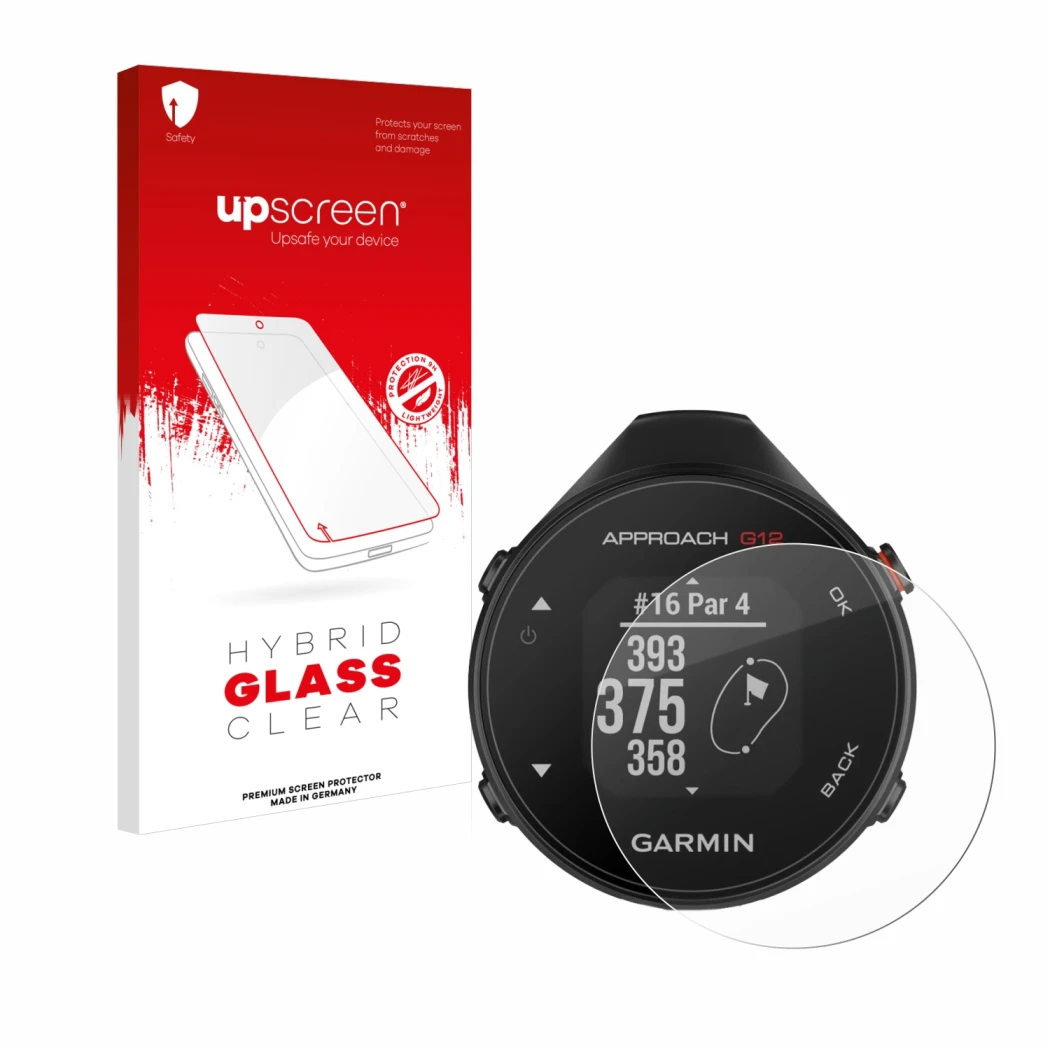 Face avant d’un emballage produit avec le logo de la marque upscreen. À côté, l’appareil Garmin Approach G12 est représenté av