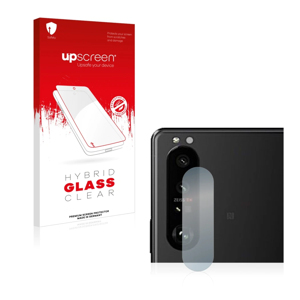 Face avant d’un emballage produit avec le logo de la marque upscreen. À côté, l’appareil Sony Xperia 5 III (Caméra UNIQUEMENT)