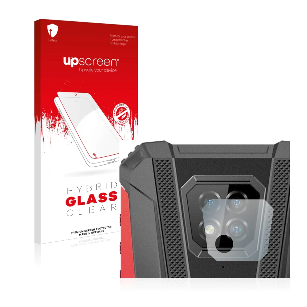 Face avant d’un emballage produit avec le logo de la marque upscreen. À côté, l’appareil Ulefone Armor 8 Pro (Caméra UNIQUEMEN