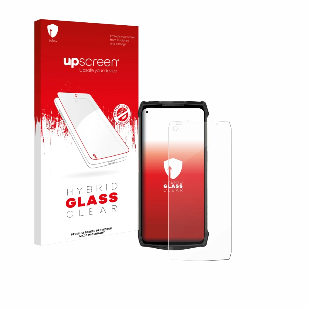 Face avant d’un emballage produit avec le logo de la marque upscreen. À côté, l’appareil Ulefone Power Armor 13 est représenté