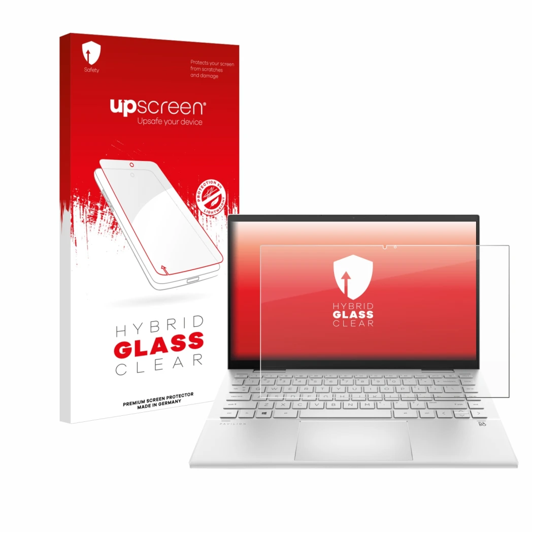 Face avant d’un emballage produit avec le logo de la marque upscreen. À côté, l’appareil HP Pavilion x360 (14-dyX) est représe