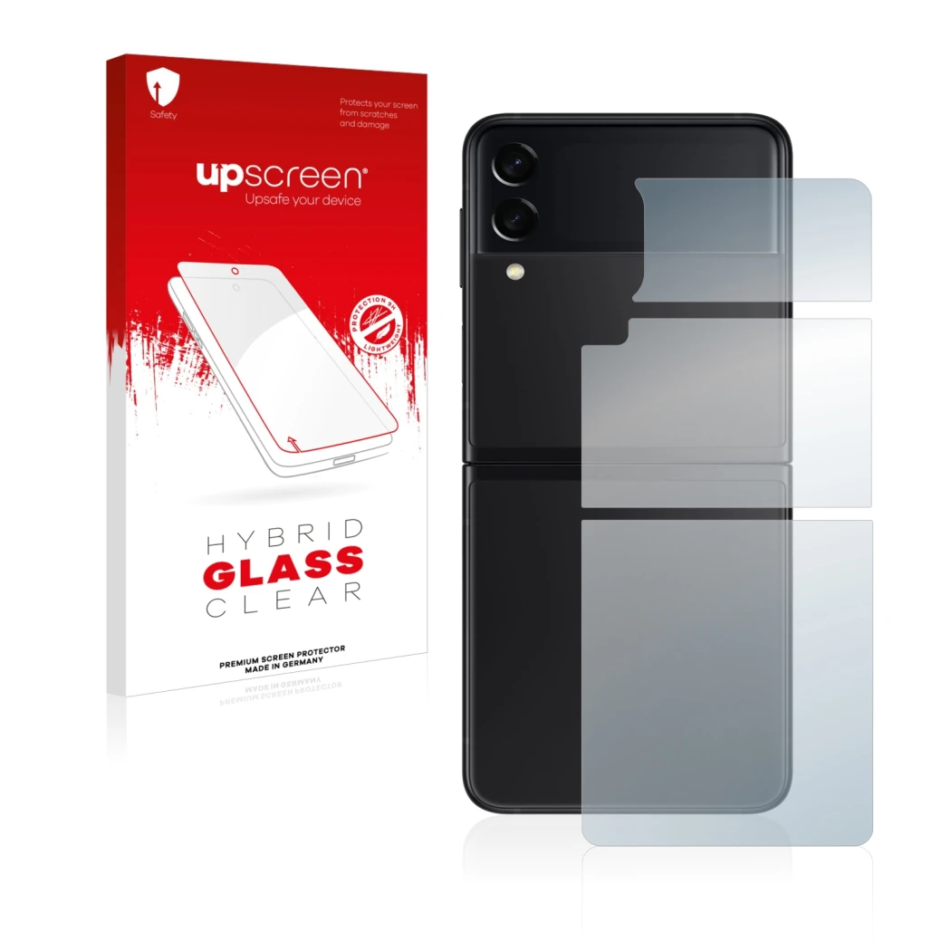 Face avant d’un emballage produit avec le logo de la marque upscreen. À côté, l’appareil Samsung Galaxy Z Flip 3 5G (Arrière) 