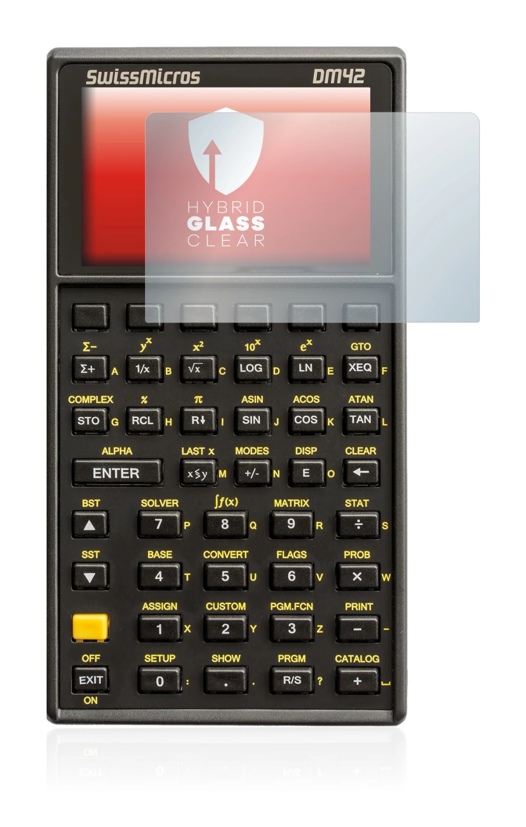 Image de l'appareil SwissMicros DM42 avec une grande variété de protections d'écran.