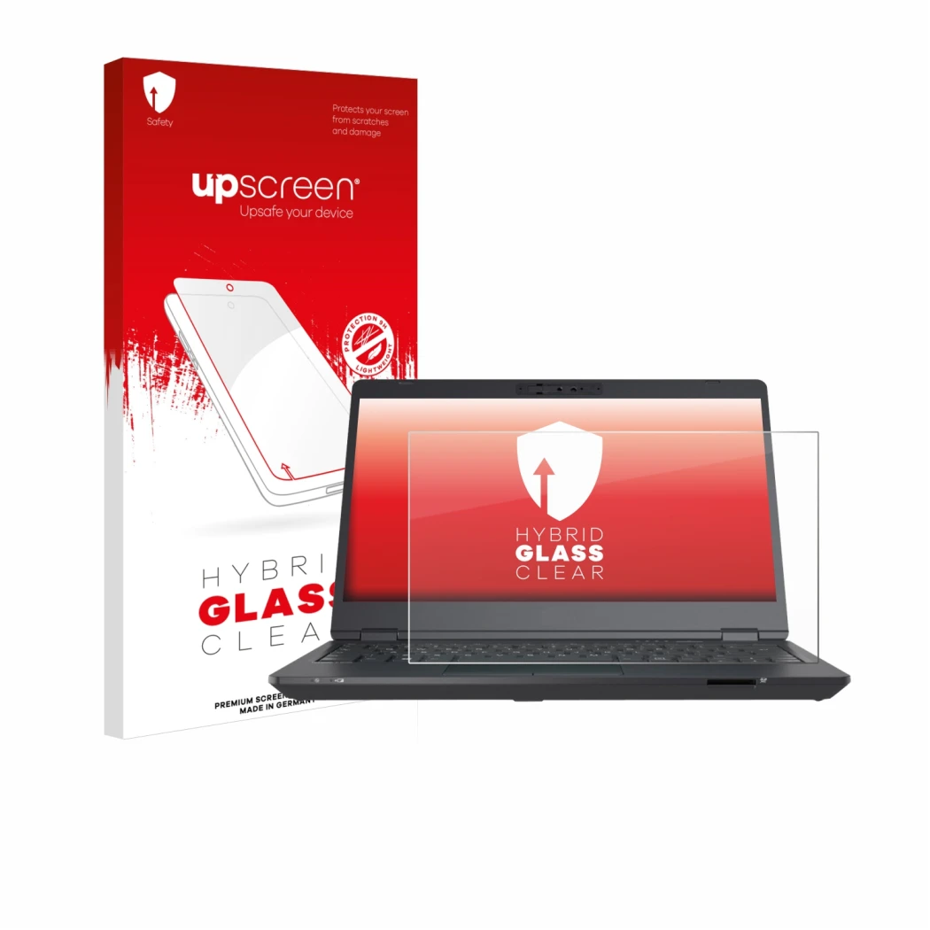 Face avant d’un emballage produit avec le logo de la marque upscreen. À côté, l’appareil Fujitsu Lifebook U7311 est représenté