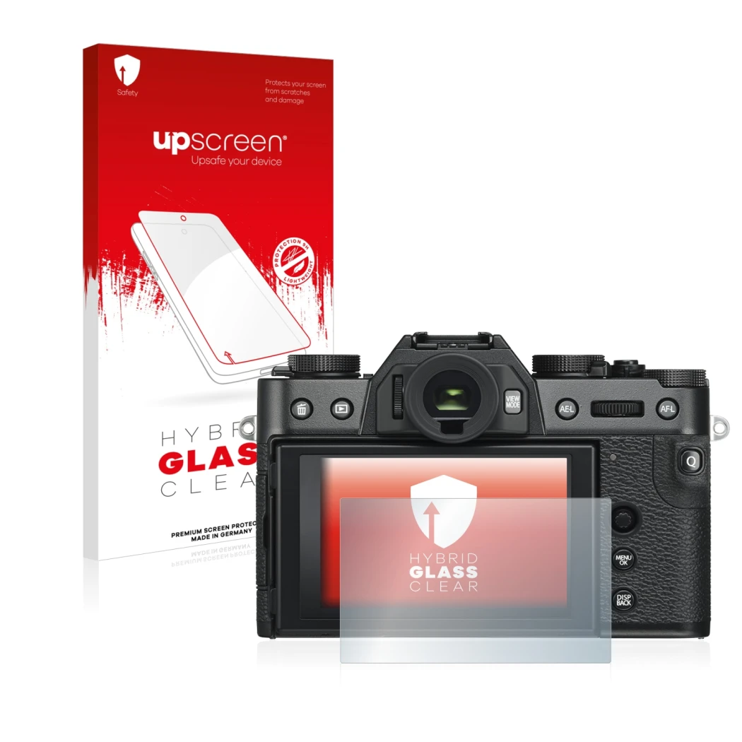 Face avant d’un emballage produit avec le logo de la marque upscreen. À côté, l’appareil Fujifilm X-T30 ll est représenté avec