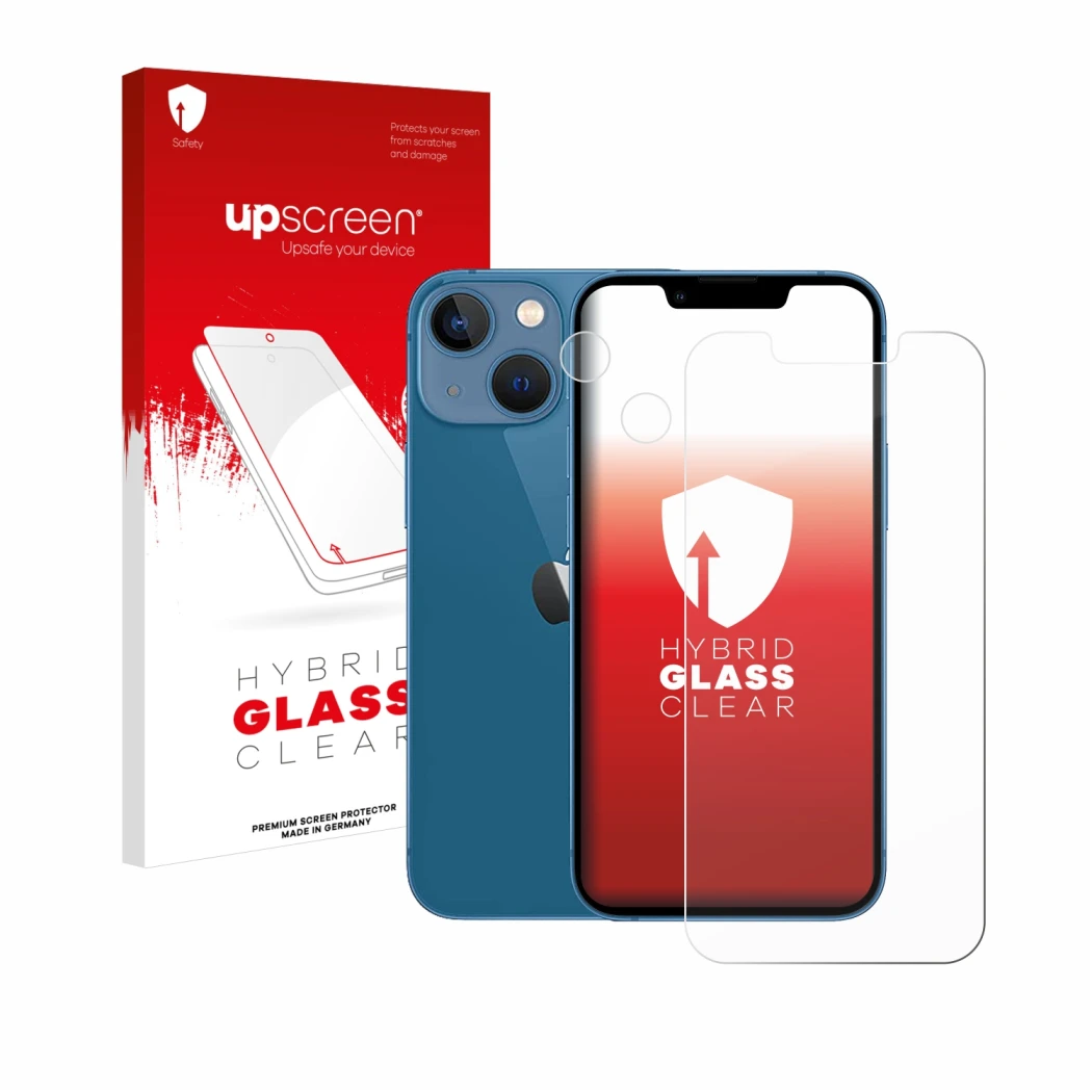 Face avant d’un emballage produit avec le logo de la marque upscreen. À côté, l’appareil Apple iPhone 13 mini (Avant+Caméra) e