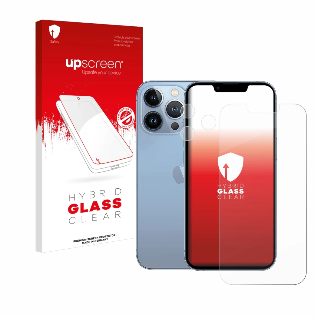 Face avant d’un emballage produit avec le logo de la marque upscreen. À côté, l’appareil Apple iPhone 13 Pro (Avant+Caméra) es