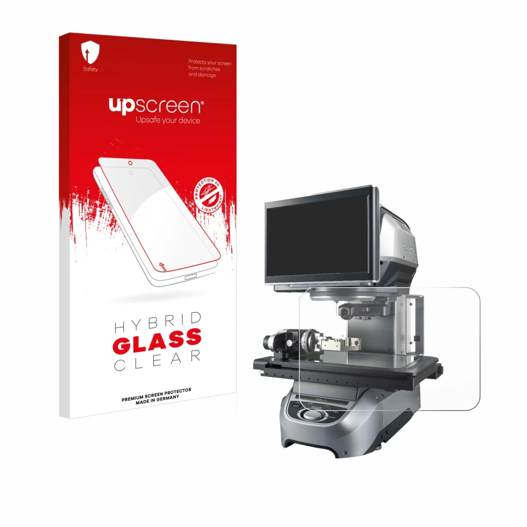 Face avant d’un emballage produit avec le logo de la marque upscreen. À côté, l’appareil Keyence IM-8030 Dessus en verre est r