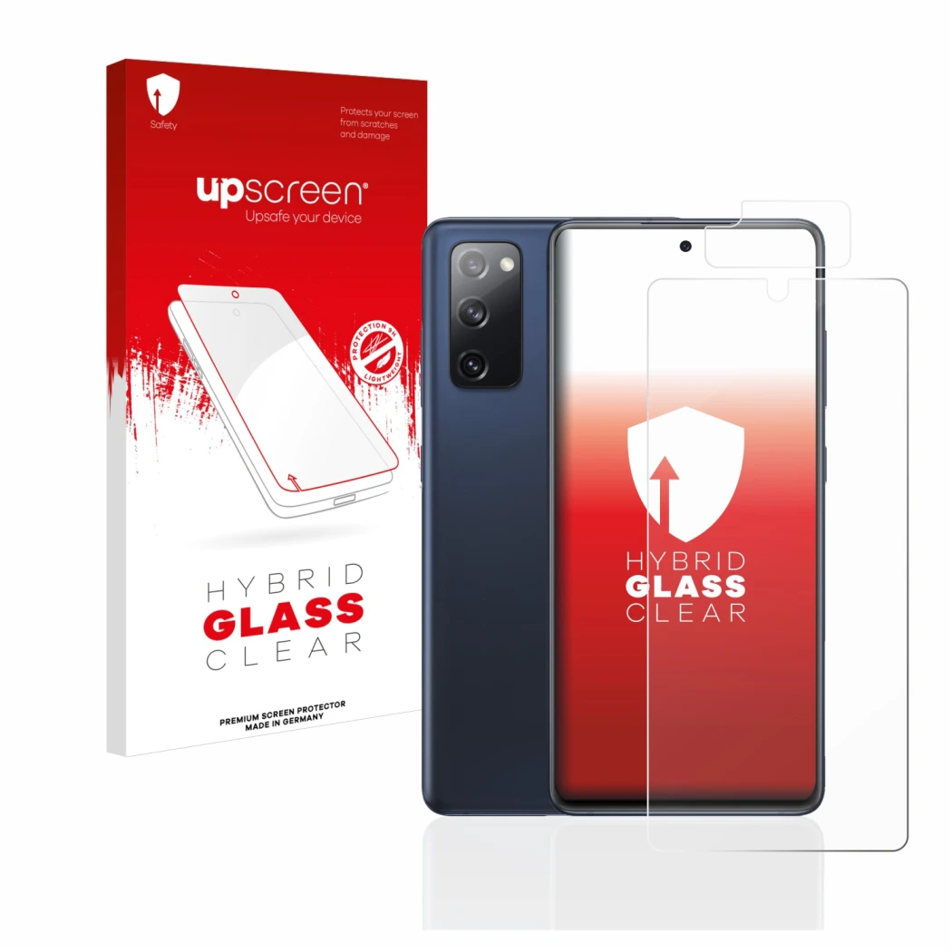 Face avant d’un emballage produit avec le logo de la marque upscreen. À côté, l’appareil Samsung Galaxy S20 FE (Avant+Caméra) 