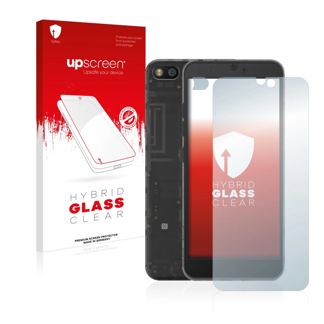 Face avant d’un emballage produit avec le logo de la marque upscreen. À côté, l’appareil Fairphone 3 (Avant+Caméra) est représ