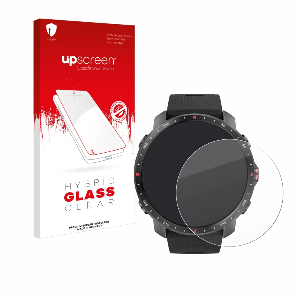 Face avant d’un emballage produit avec le logo de la marque upscreen. À côté, l’appareil Polar Grit X Pro est représenté avec 