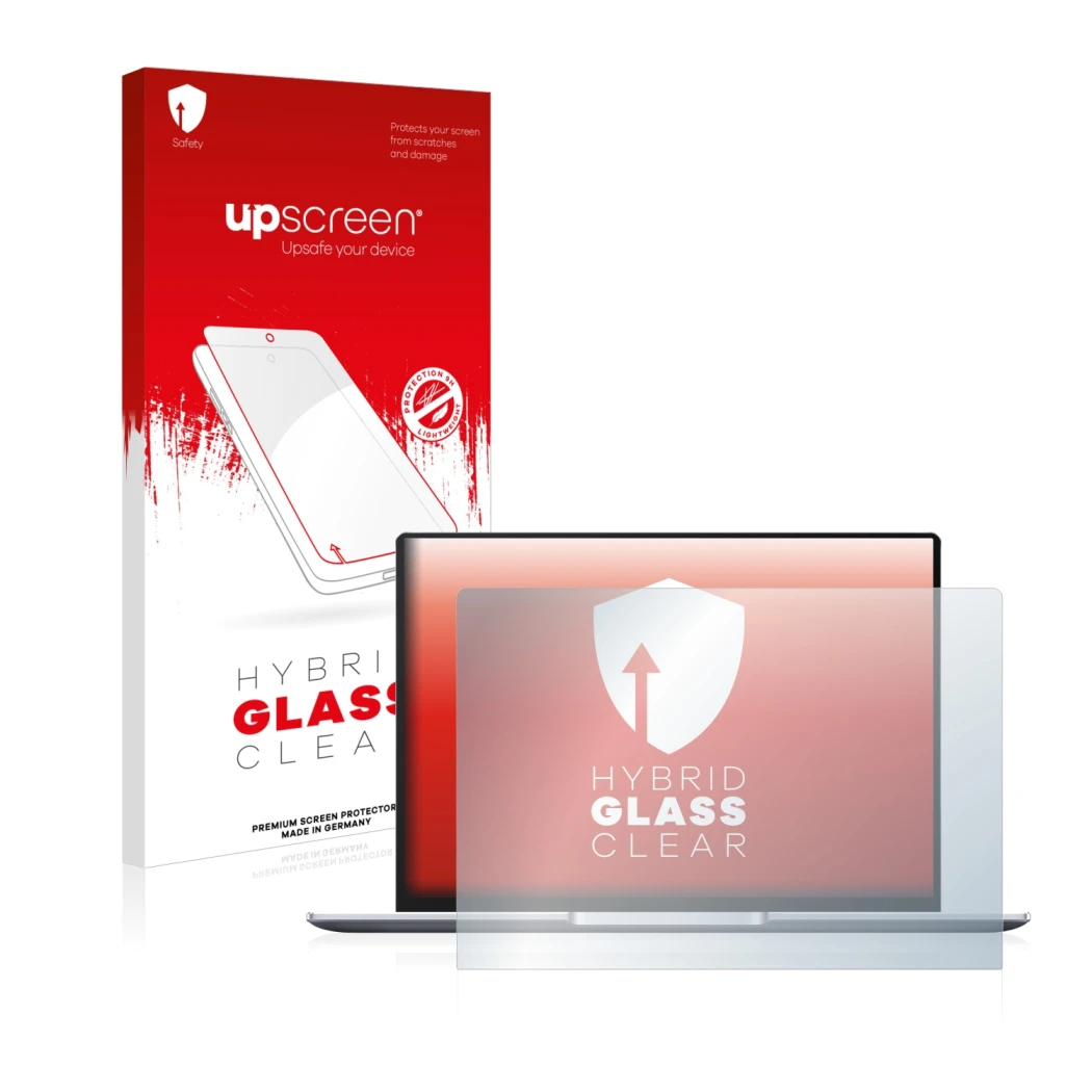 Face avant d’un emballage produit avec le logo de la marque upscreen. À côté, l’appareil Huawei MateBook 14 2021 est représent