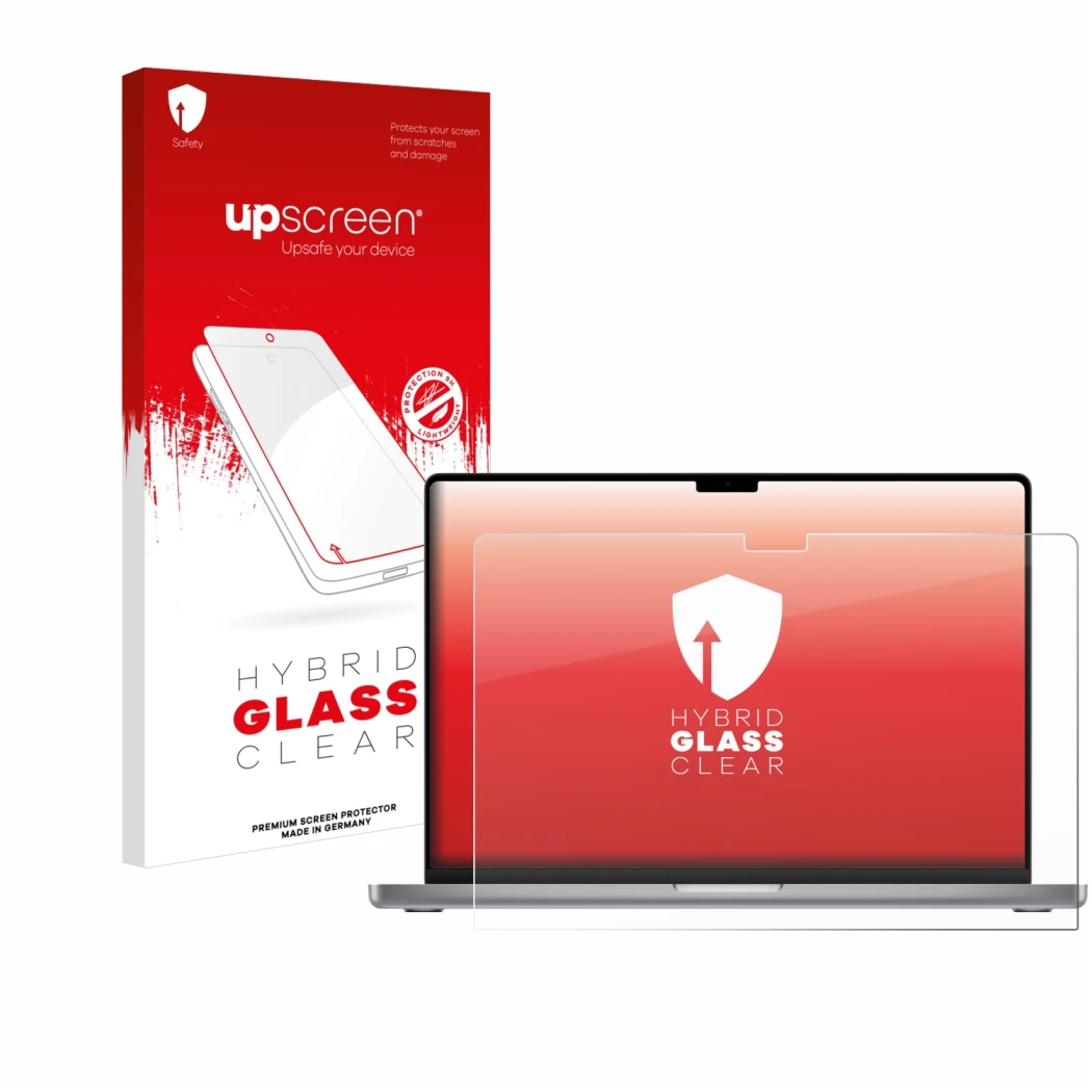 Face avant d’un emballage produit avec le logo de la marque upscreen. À côté, l’appareil Apple MacBook Pro 16