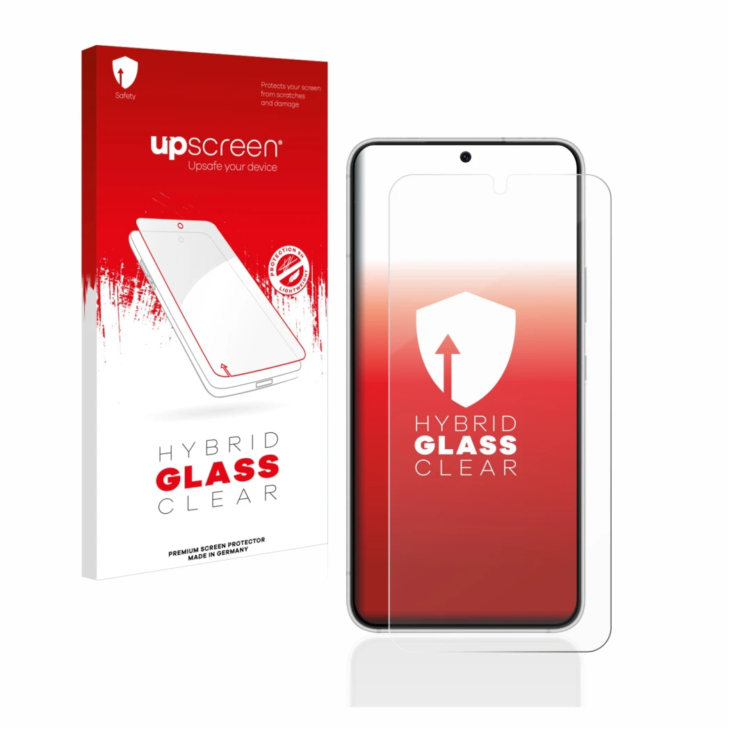 Face avant d’un emballage produit avec le logo de la marque upscreen. À côté, l’appareil Samsung Galaxy S22 5G est représenté 