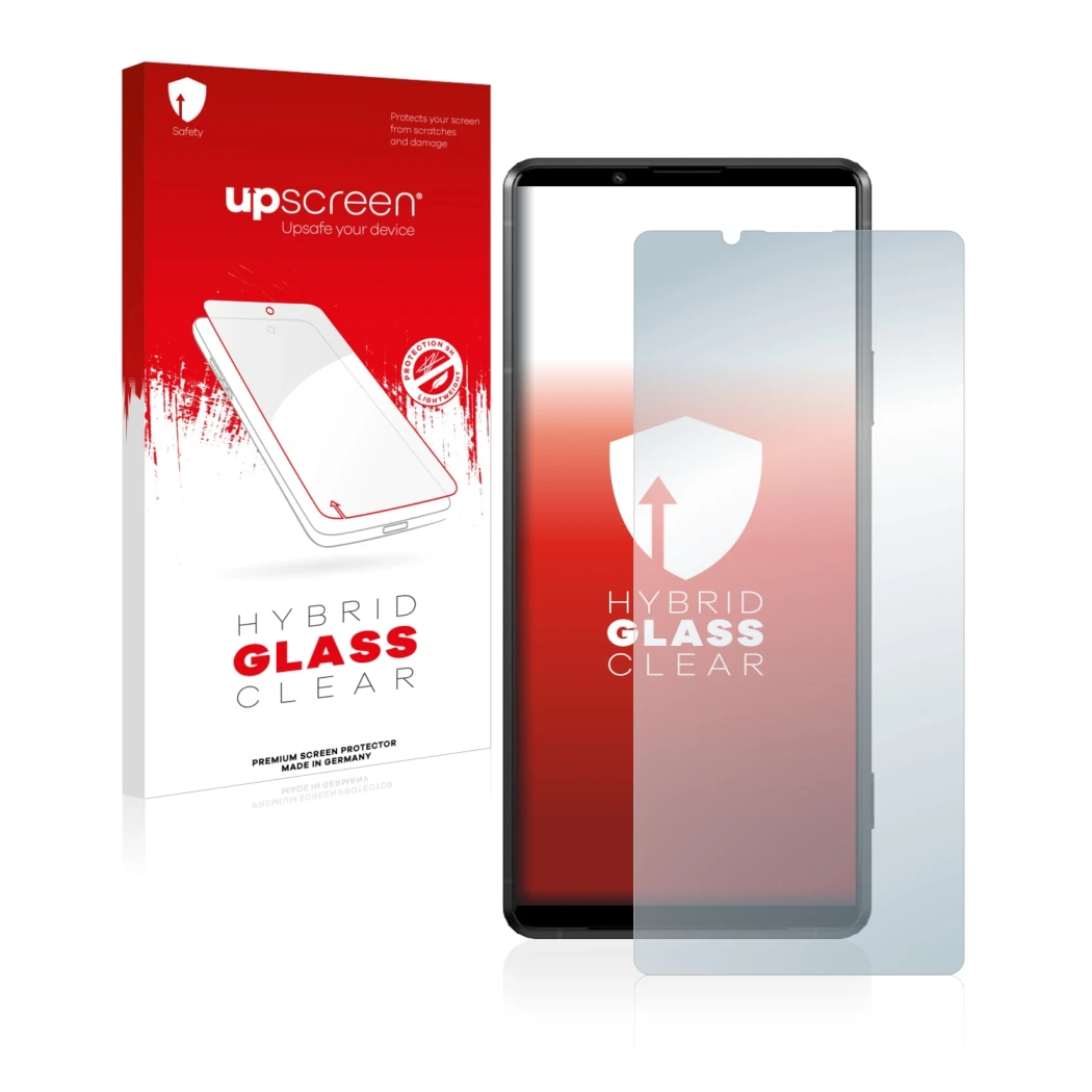 Face avant d’un emballage produit avec le logo de la marque upscreen. À côté, l’appareil Sony Xperia Pro-I est représenté avec