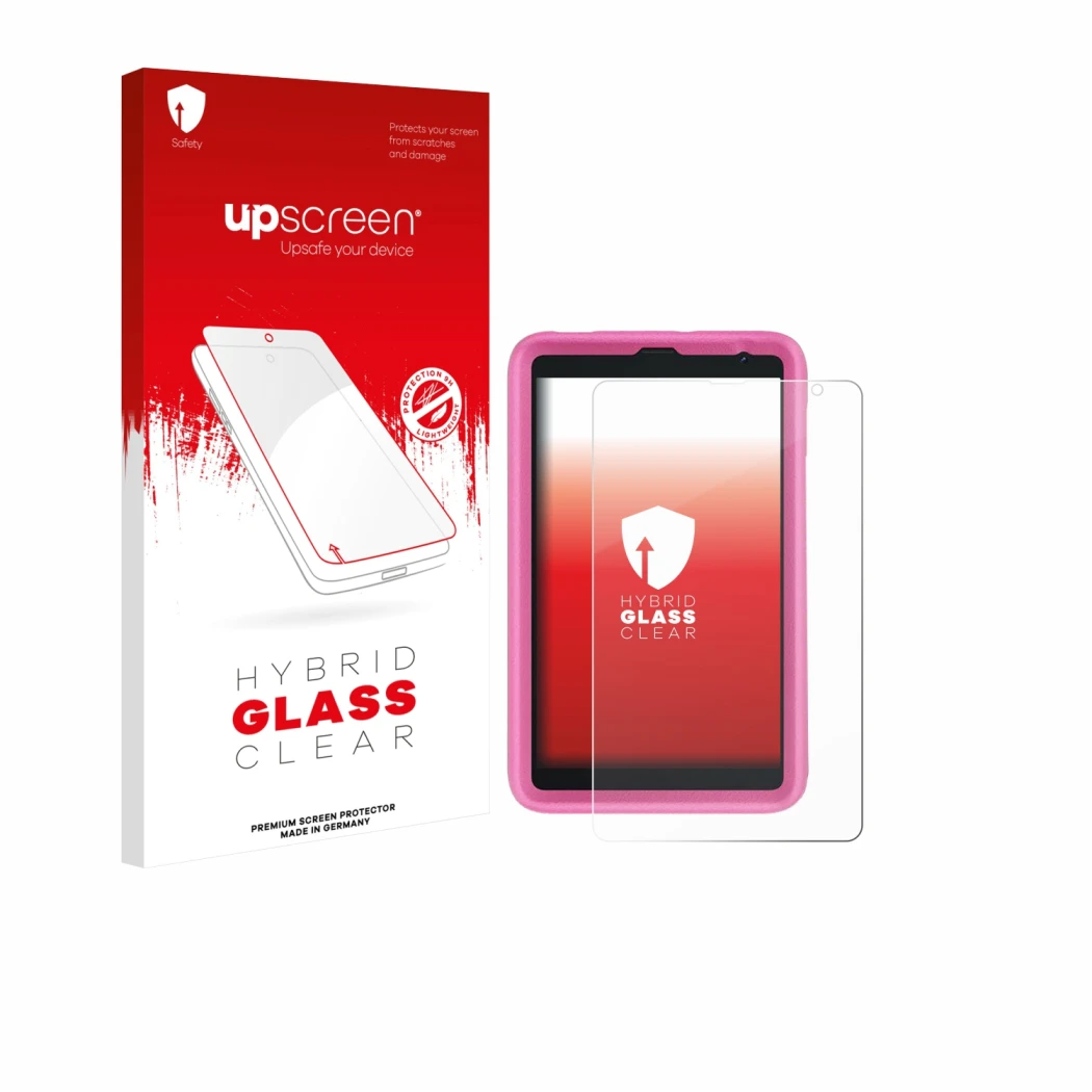 Face avant d’un emballage produit avec le logo de la marque upscreen. À côté, l’appareil Blackview Tab 6 Kids est représenté a